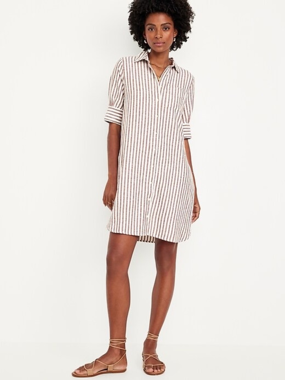 Old Navy Striped Linen Shirt Midi Dress in Cream & Brown